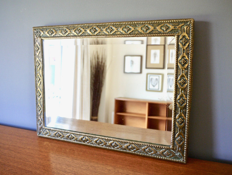 Arts Crafts Small Brass Antique Bevelled Mirror With Ornate Pattern Detailing