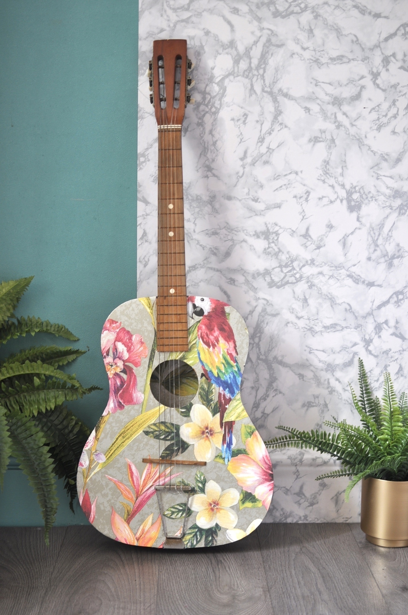 Upcycled Vintage Bohemian Guitar Tropical Print Decoupage