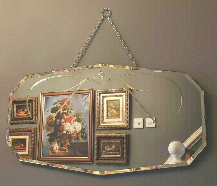 Art Deco 1930s Decorative Detail Frameless Bevelled Edge Wall Mirror