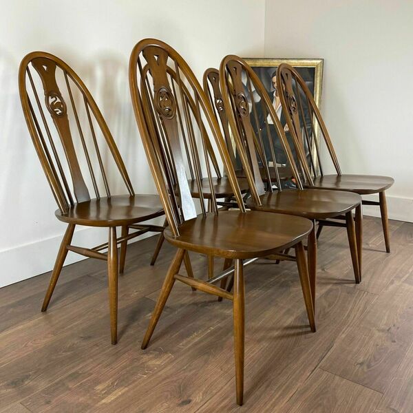 6 Ercol Windsor Swan Back Dining Chairs Golden Dawn Vintage Elm Six Mid