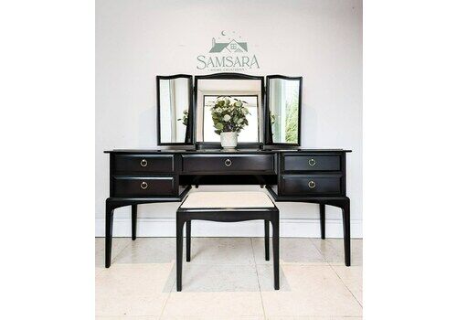 Spray Painted Black Stag Minstrel Dressing Table Set With Triple Mirror & Stool