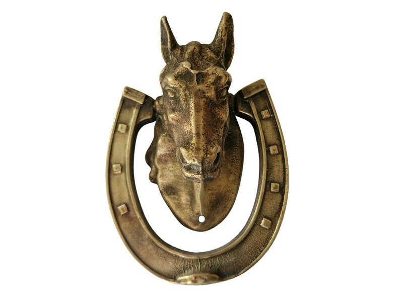 Brass Horse Head And Horseshoe Door Knocker, Equestrian Front Door