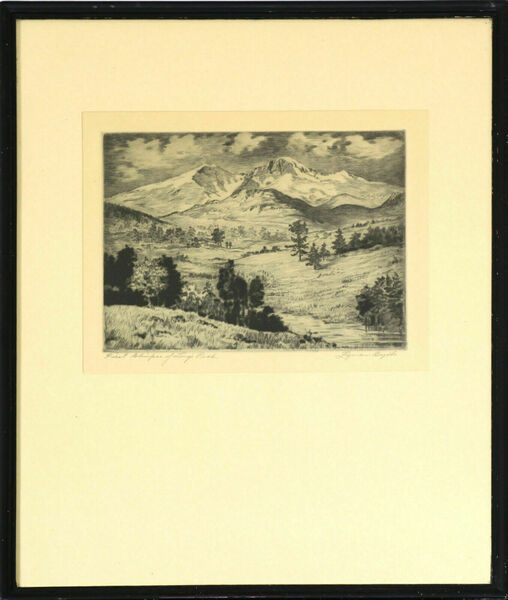 Etching By Lyman Byxbe. Titled, "First Glimpse Of Longs Peak"