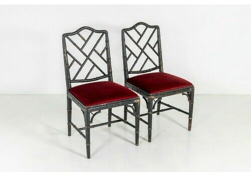 A Pair Of Ebonised Faux Bamboo Chinese Chippendale Style Occasional Chairs