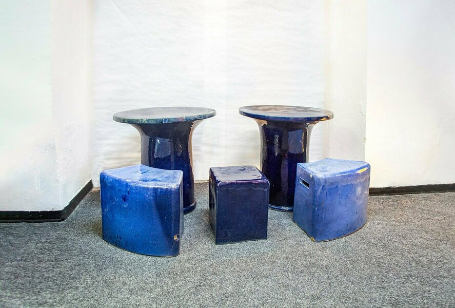 Stools And Tables In Glazed Ceramic, France, 1980s