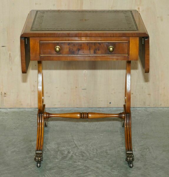 Bevan Funnell Green Leather Extending Burr Yew Wood Side End Lamp Card Table photo for sale