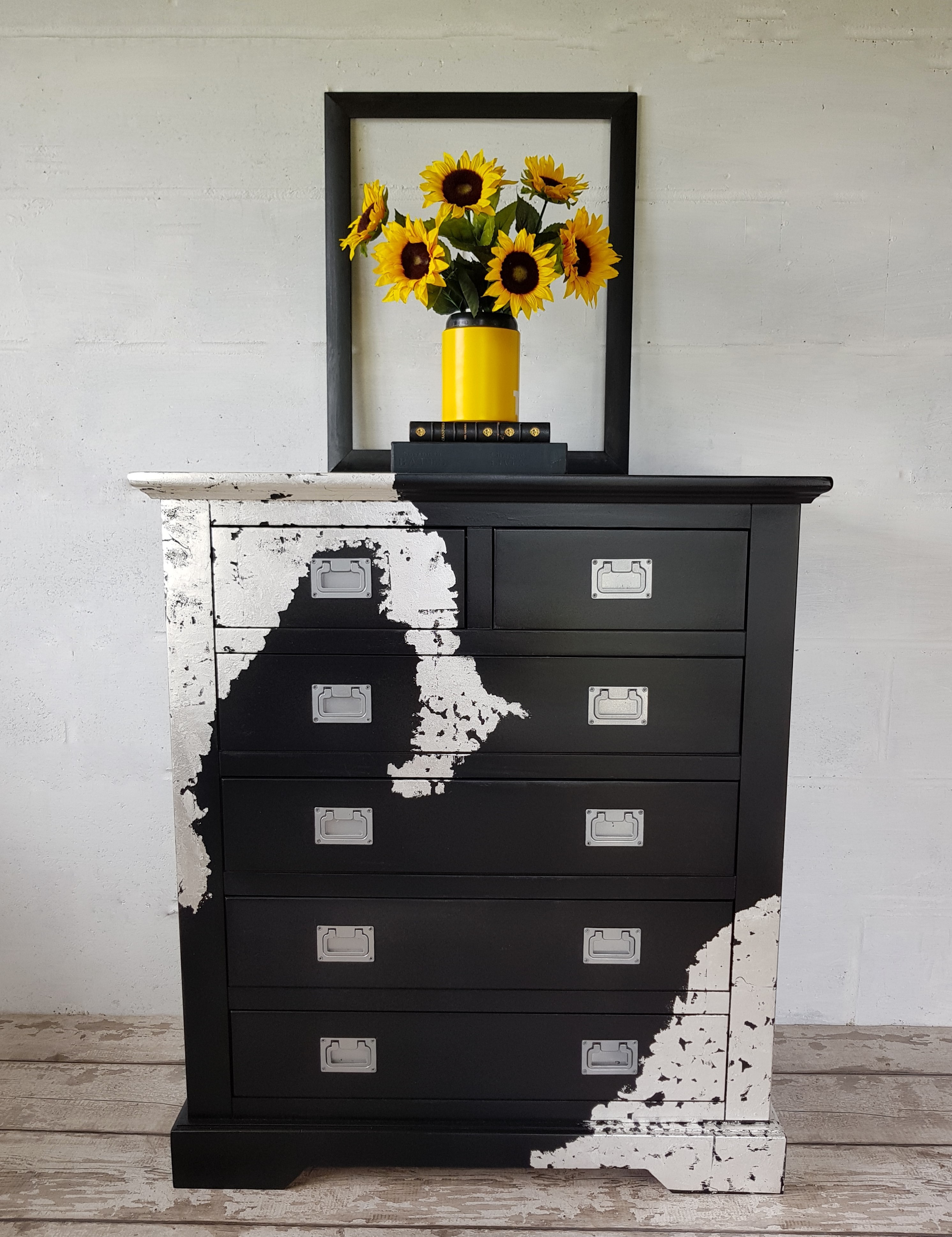 A Tall Six Drawer Ebony Black And Gilt Silver Leaf Chest Of
