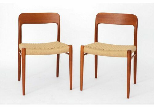 2 Niels Moller stoelen, Model 75, jaren 1950, teakhout, papercord zitting, vintage stoelen, set van 2, eetkamerstoelen, Denemarken