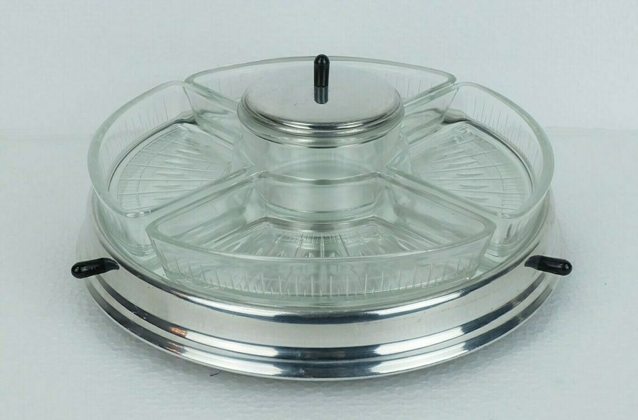 Art Déco Lazy Susan Relish Server 5 Piece Set On Rotating Tray