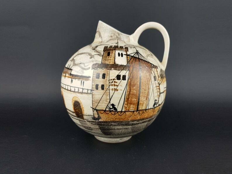 Vintage Jawe Edelkeramik Hand Painted Jug Vase With Castell Decor Sail