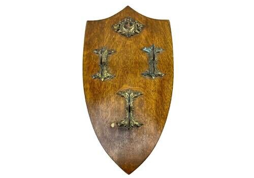 Antique Wall Hanging Gilt Brass Coat Hooks   Oak Shield   Hallway Decor   19thc