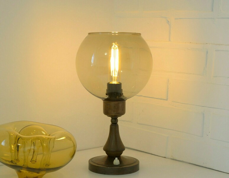 Large Vintage Bedside Lamp / Wood And Copper Rustic Table Lamp / Smoked Glass Globe / Mcm Desk Light