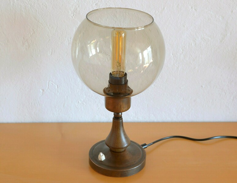 Large Vintage Bedside Lamp / Wood And Copper Rustic Table Lamp / Smoked Glass Globe / Mcm Desk Light photo furniture
