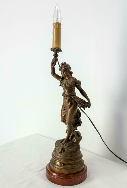 French Spelter Woman With Roses Table Lamp From L A Moreau On Marble Base C 1900 photo for sale