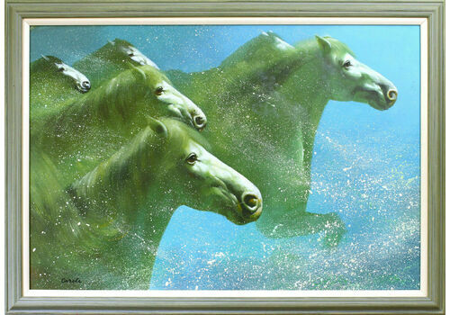 Oil On Board Signed Circle. Horses Running Through The Surf