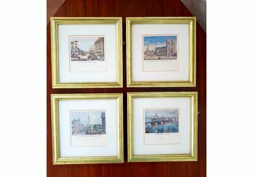 Set Of 4 Small Antique Prints Of London In Gold, Wood Frames