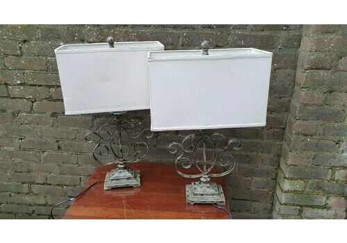 Large Pair Of Green And Gold Vintage Effect Table Metal Lamps With Lampshades