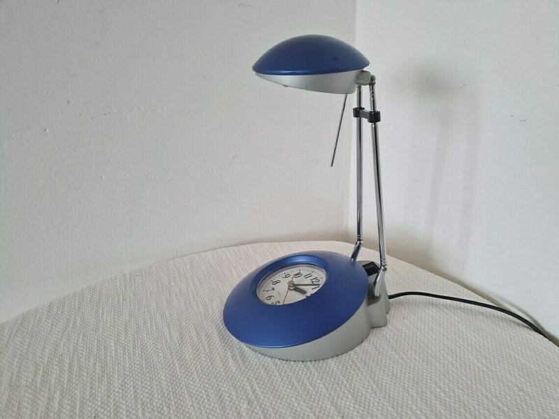 Vintage Memphis Milano Style Blue Table Lamp With Clock 1990s