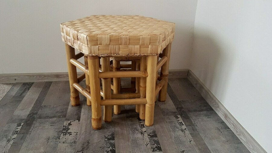 Vintage Mid Century Hexagonal Bamboo Rattan Nesting Table Set Of 3 photo furniture
