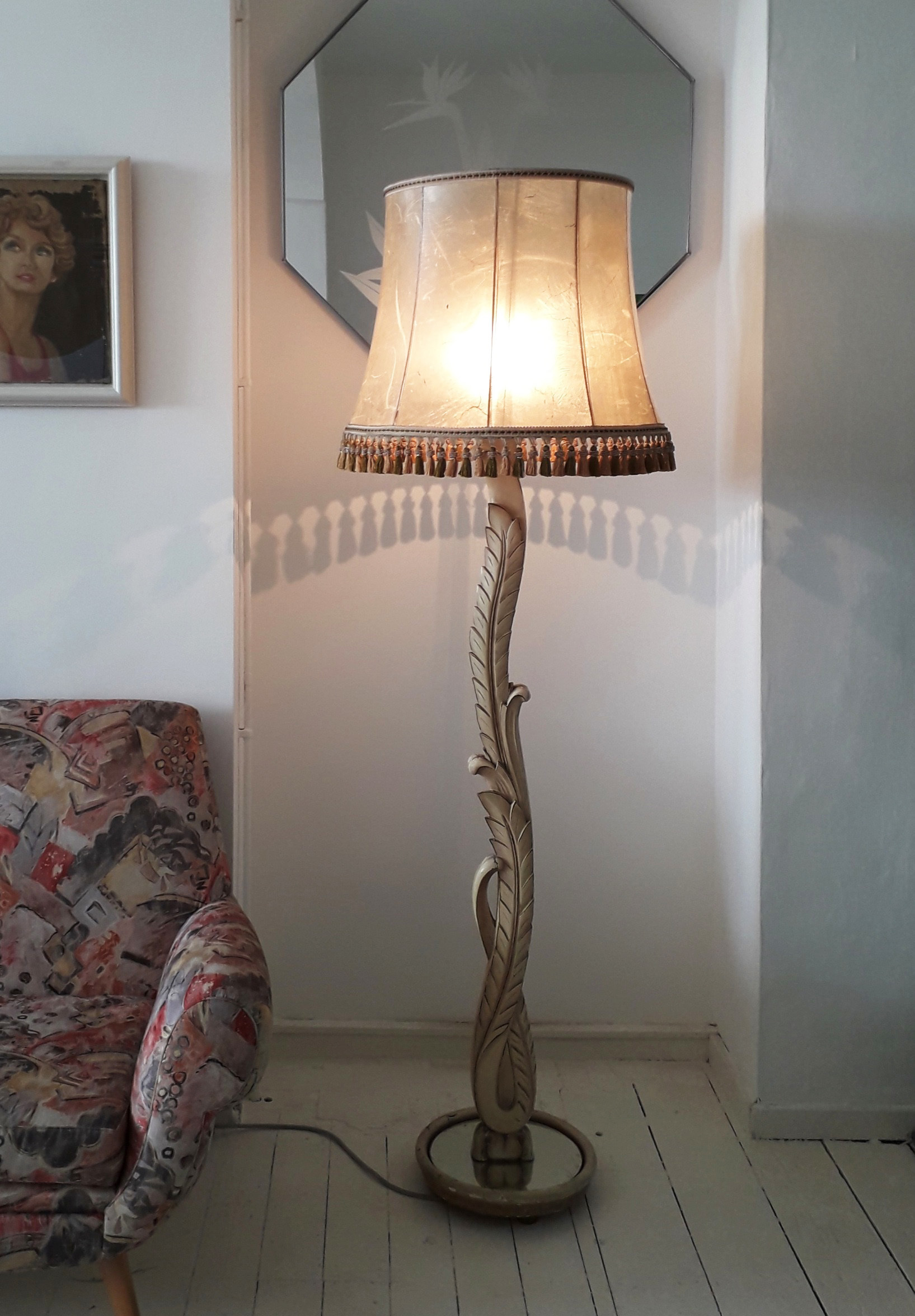 A 1940s 50s Italian Carved Wood Floor Lamp With Mirror Glass Base Tased Shade