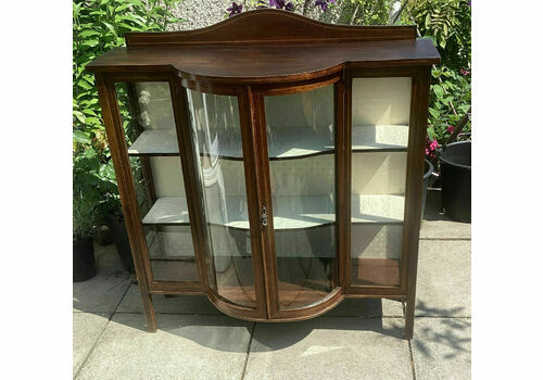 Circa Edwardian Inlayed Mahogany China Cabinet. Barrel Front. Square Legs