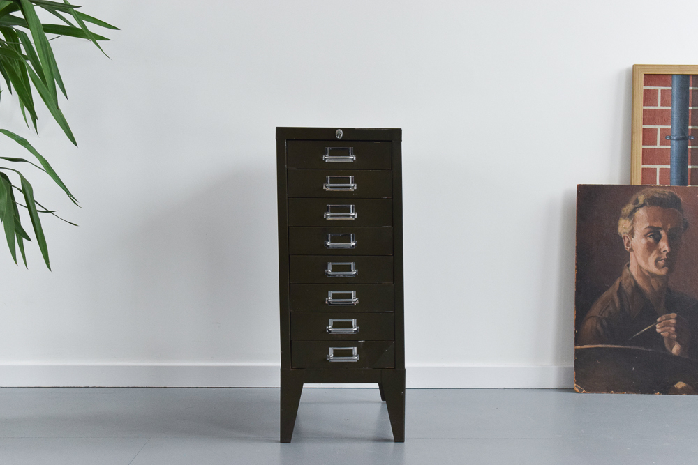 Vintage Green Small 8 Drawer A4 Metal Filing Cabinet Vinterior