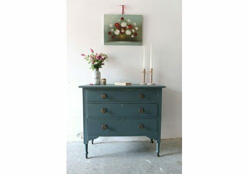 Painted Vintage Three Drawer Washstand Or Chest Of Drawers On Castors In Teal Blue