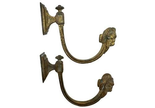 Antique Pair Of French Rams Head Gilt Brass Curtain Tie Backs   Window Decor   Country House Decor