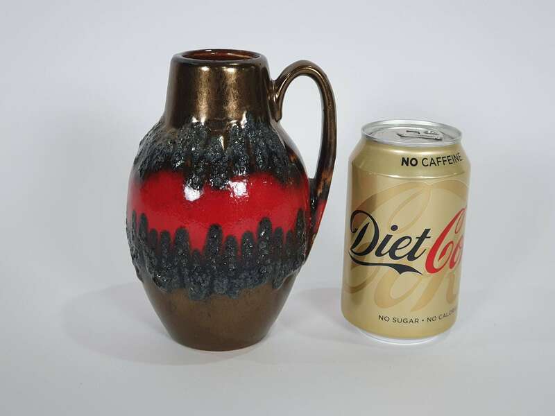 West German Pottery Fat Lava Handled Vase With Red And Black Bands