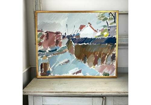 Mid Century Abstract   A Large Oil On Canvas Of A Rooftop View    Swedish Vintage Painting