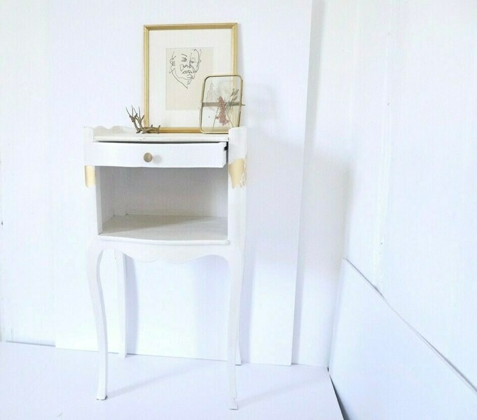 French Cottage Style White Nightstand, Shabby Chic Vintage Bedside Tables, Repainted With A White Chalk Paint And Gold Gilding