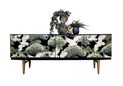 Stunning Bespoke Mid Century Sideboard Tv Unit With Oriental Decoupage