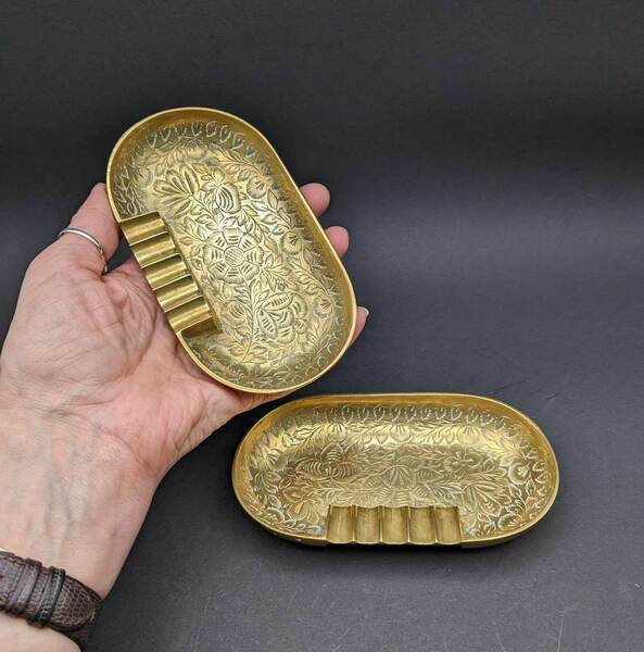 Vintage Etched Brass Ashtrays From India, Two Floral Embossed Ashtrays