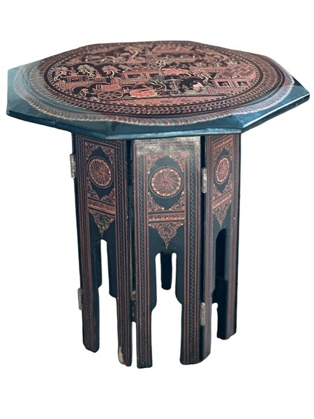 Small Octagonal Burmese Chai Table (Myanmar). Lacquer Work. City Life Scenes From Burma