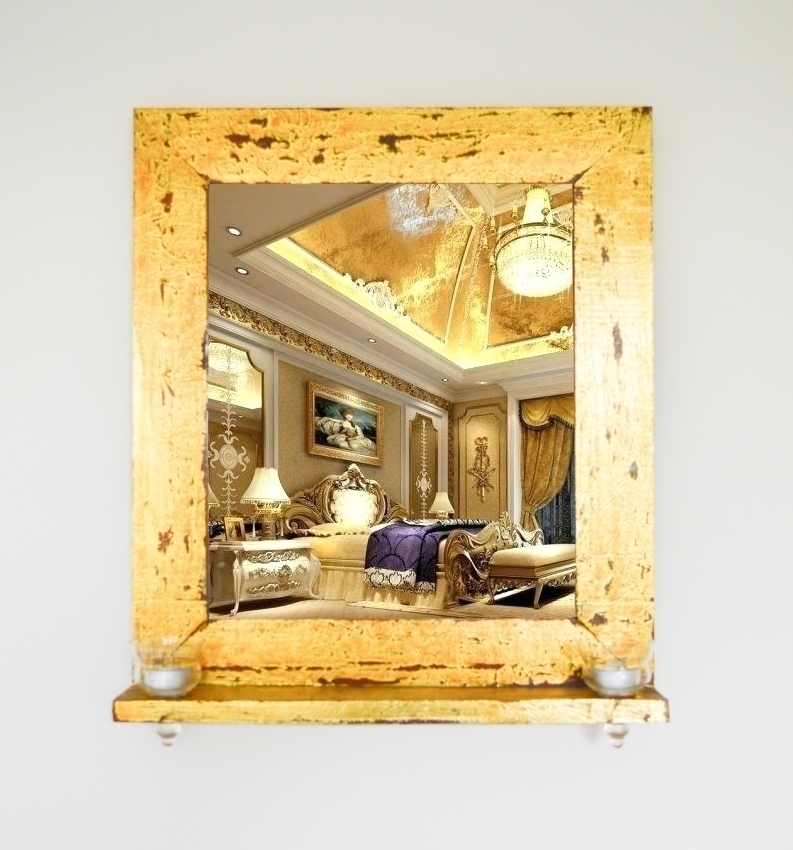 Hand Crafted Gold Leaf Mirror Wooden Frame Distressed With Glass Goblets Tea Light Candle Wall Hanging Shelf Decorative