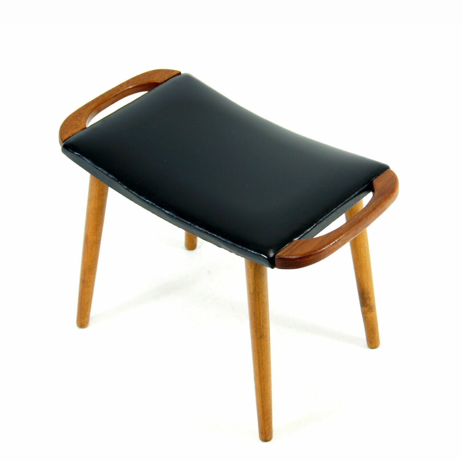 Retro Vintage Danish Teak Faux Leather Foot Stool Piano