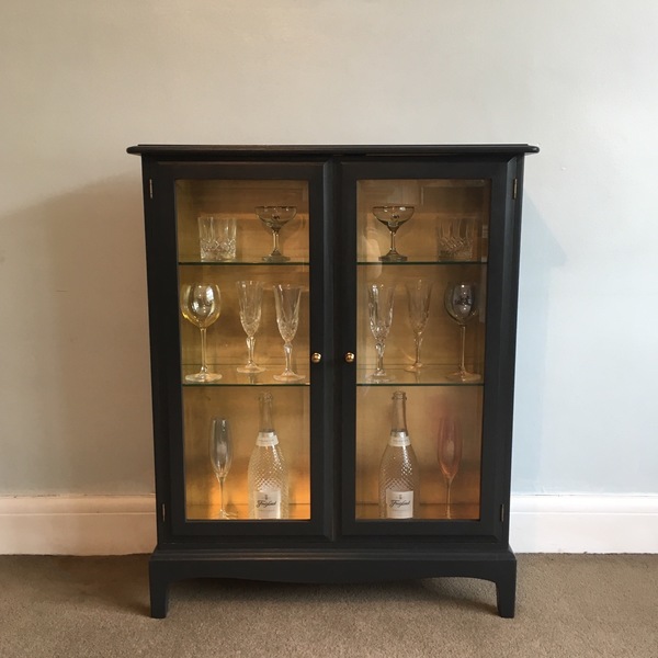 Upcycled Vintage Stag Display Drinks Cabinet Hand Painted In Graphite Dark Grey Gold Leaf Storage Glass Cabinet Dolly Did It Stag Vinterior