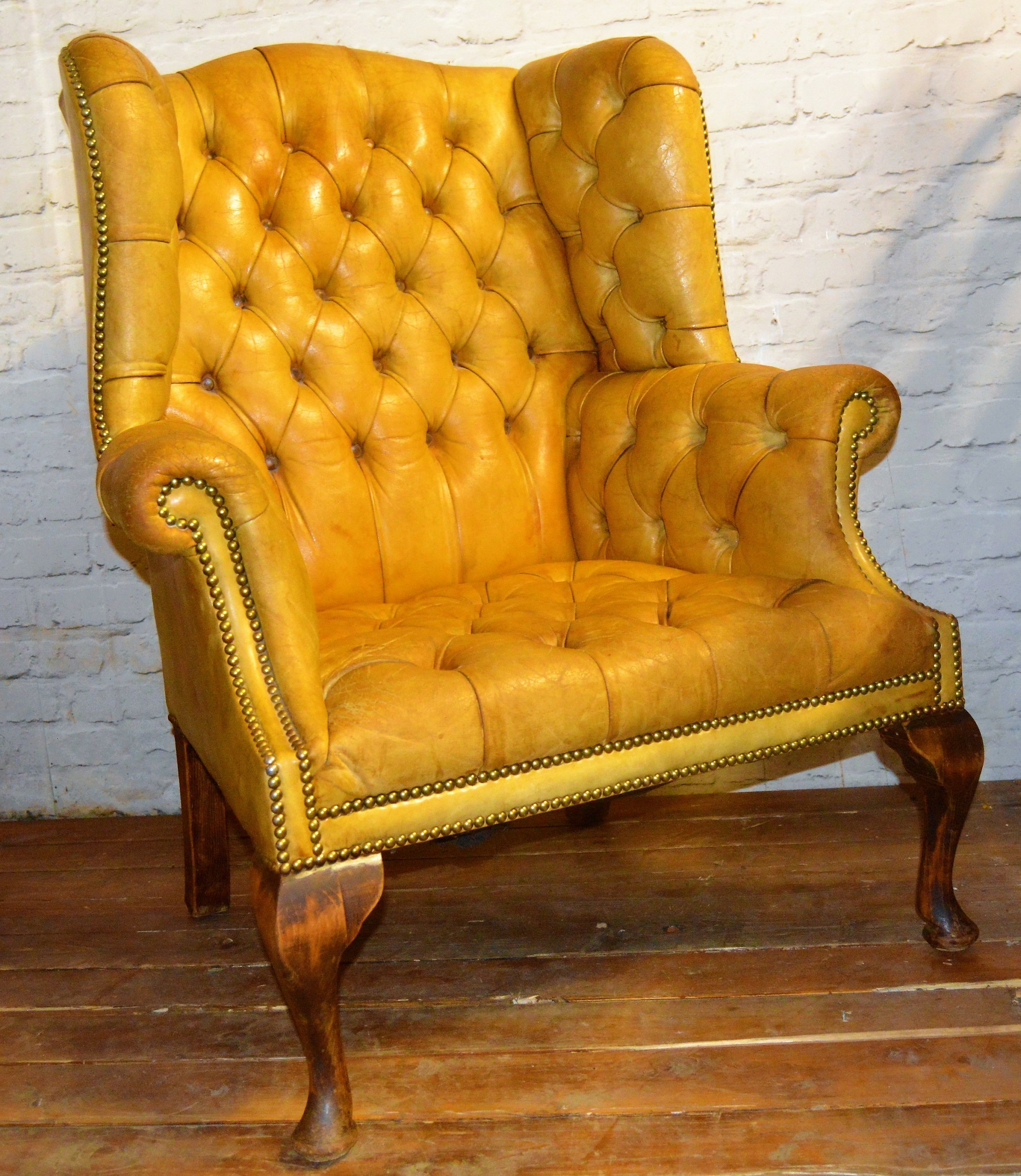 Chesterfield Yellow Queen Anne Wingback Armchair Tub Vintage