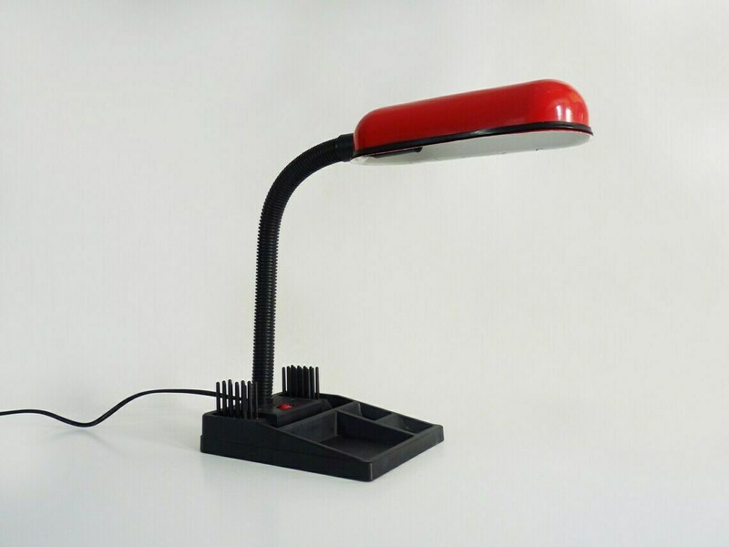 Old Red And Black Flexible Desk Lamp With Pencil Holder