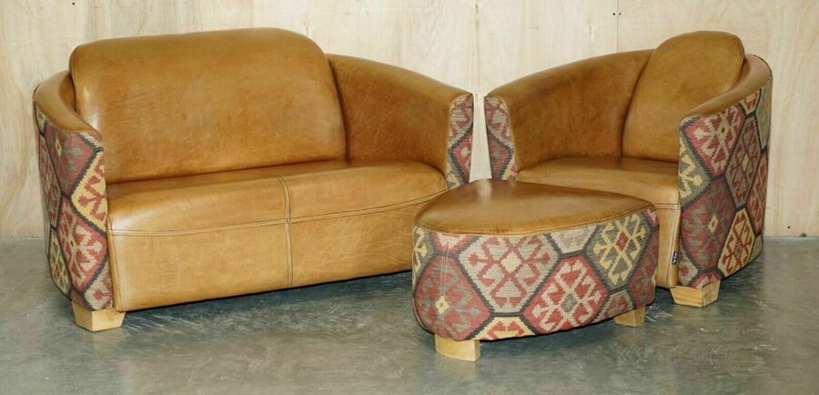 Stunning Vintage Brown Leather Kilim Rocket Sofa Armchair