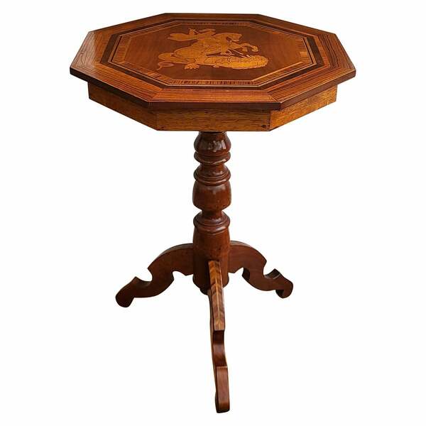 Neoclassical Italian Walnut Inlay Marquetry Octagonal Tripod Sofa Or Side Table