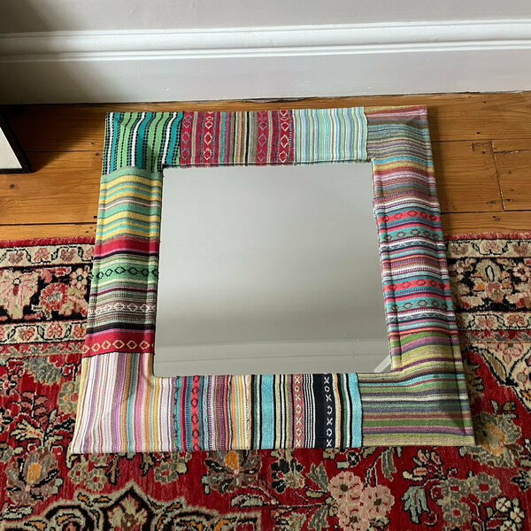 Unusual Square Large Fabric Covered Kilim Wall Mirror Patterned Patchwork Boho Decor