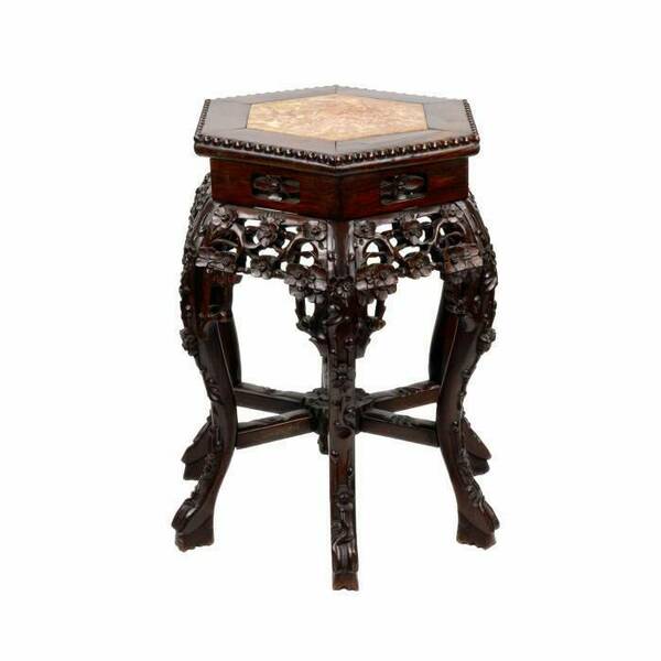 Carved, Chinese Stand For A Vase, Mahogany With Marble