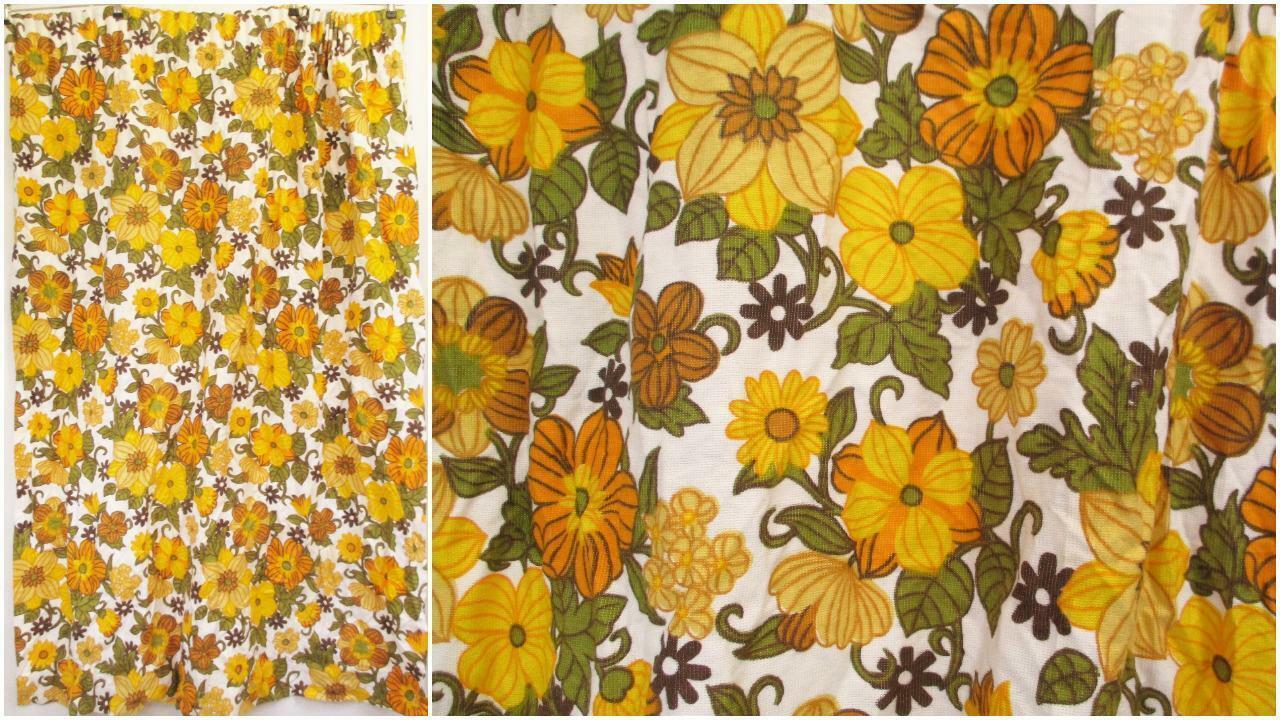 Vintage 60 S Green Yellow Floral Curtain Piece Fabric Mid Century