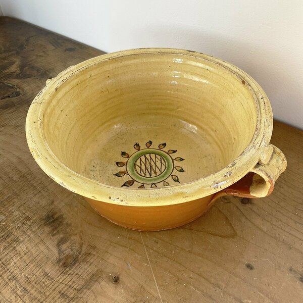 Yellow Glazed Pottery Bowl With Handles Vinterior