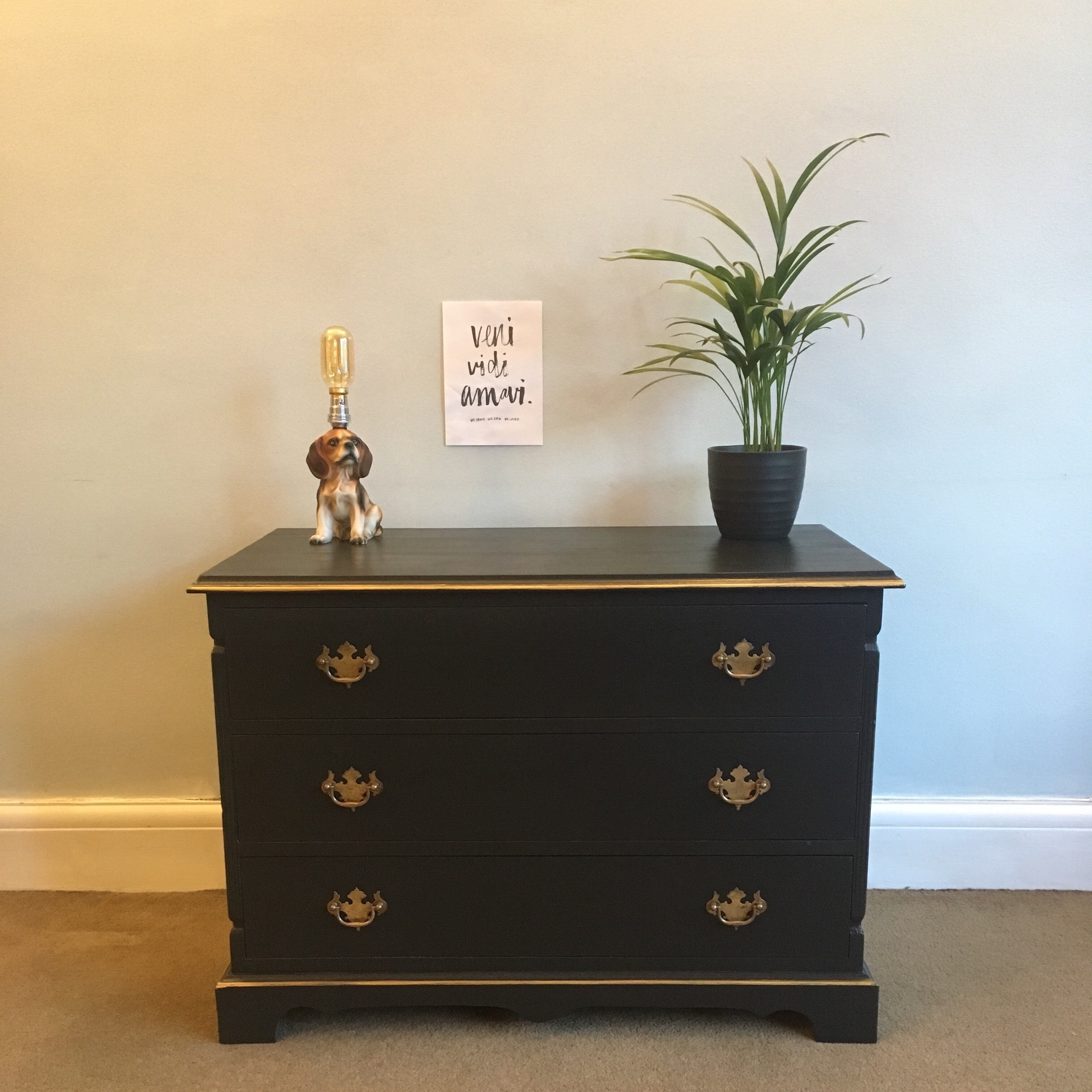 Upcycled Vintage Low Chest Of Drawers Hand Painted In Graphite