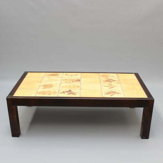 Vintage French Coffee Table With Leaf Motif Tiles By Roger Capron (Circa 1970s)