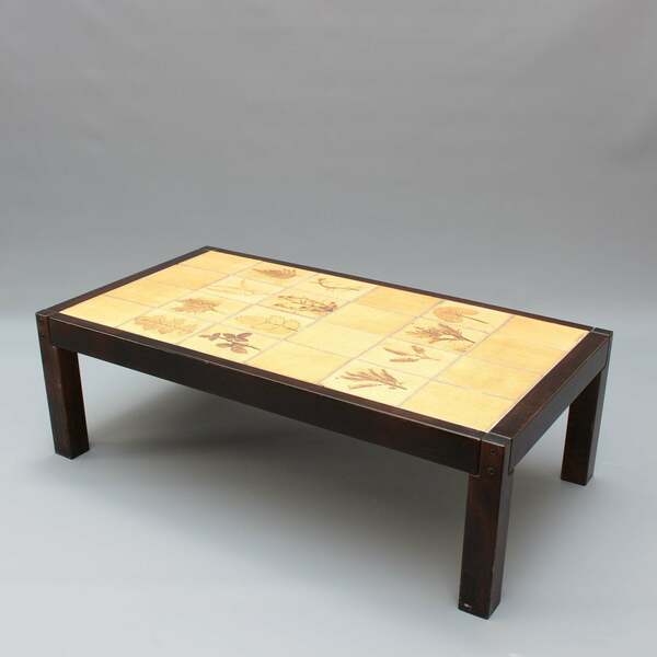 Vintage French Coffee Table With Leaf Motif Tiles By Roger Capron (Circa 1970s) photo furniture