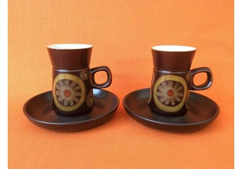 1960s Denby Arabesque Cups And Saucers, Denby Arabesque Tall Coffee Cups, 1960s Denby Samarkand Brown Cups And Saucers, Denby Coffee Cups