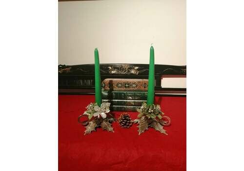 Pair Of Silver Metal Candle Holders In Shape Of Holly Leafs. Loop For Finger To Carry Like A Chamber Stick. Christmas Decor.
